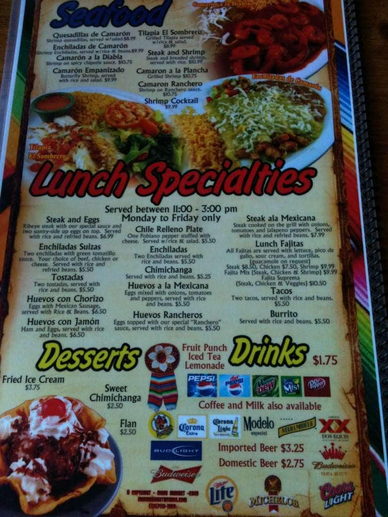 Menu at El Sombrero restaurant, Mascoutah