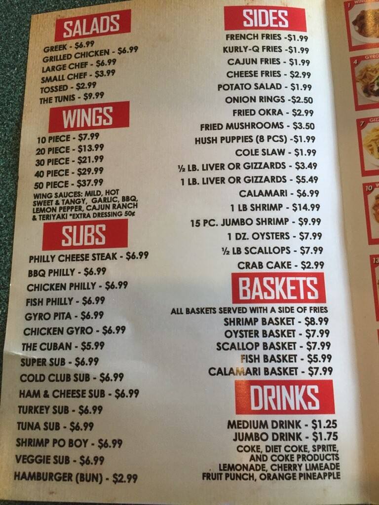 Menu at Tunis Seafood, Wings & Subs restaurant, Jacksonville