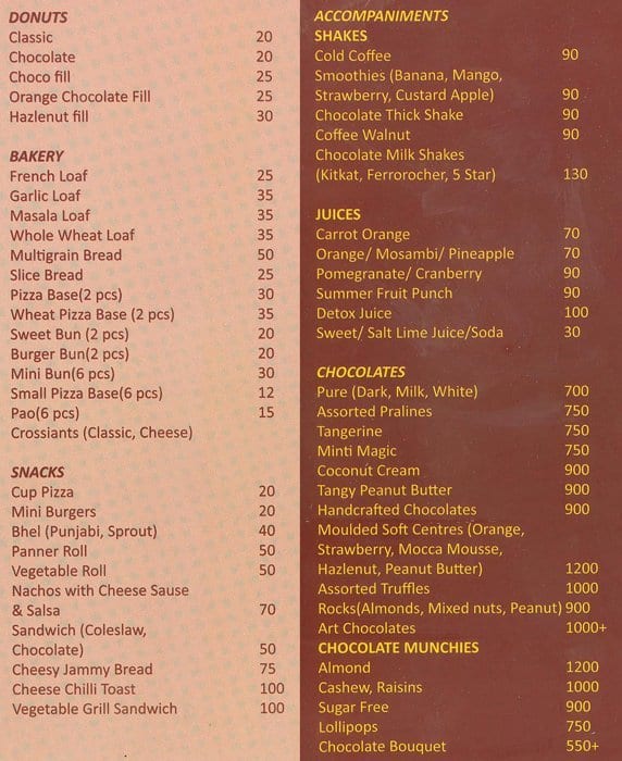 The Baker's Lounge Menu, Menu for The Baker's Lounge, Kandivali West