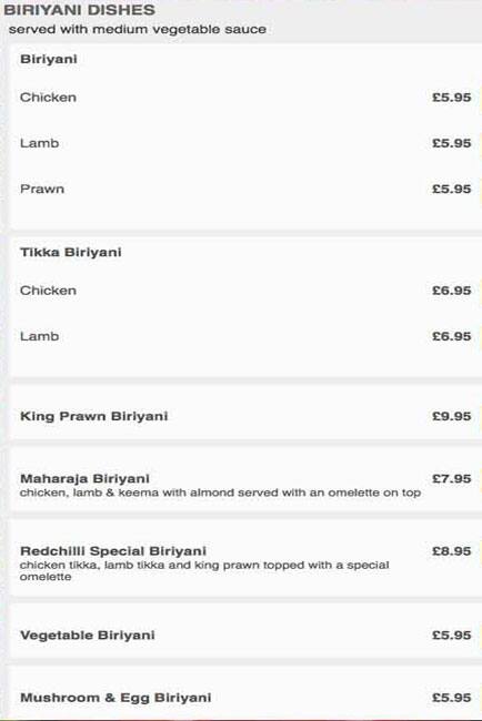 Red Chilli menu