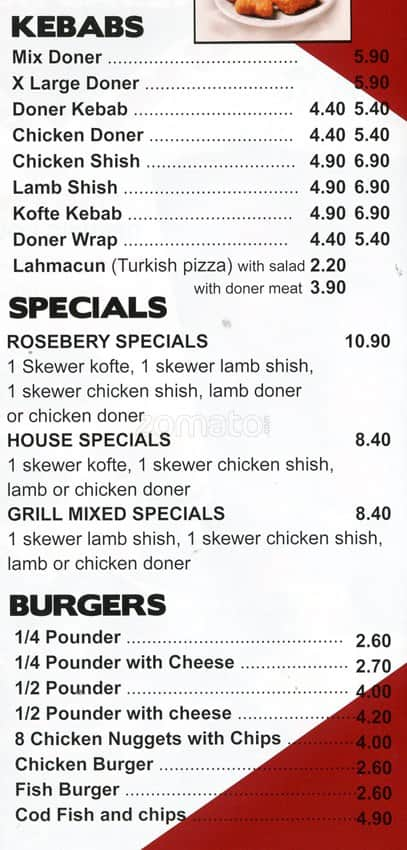 Rosebery Kebab House Menu, Menu For Rosebery Kebab House, Clerkenwell 