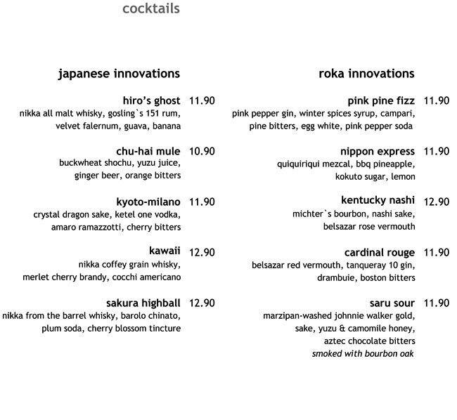 roka restaurant menu