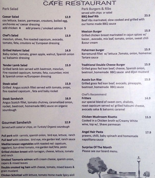 Park Cafe Menu, Menu for Park Cafe, Alexandria, Sydney Urbanspoon/Zomato