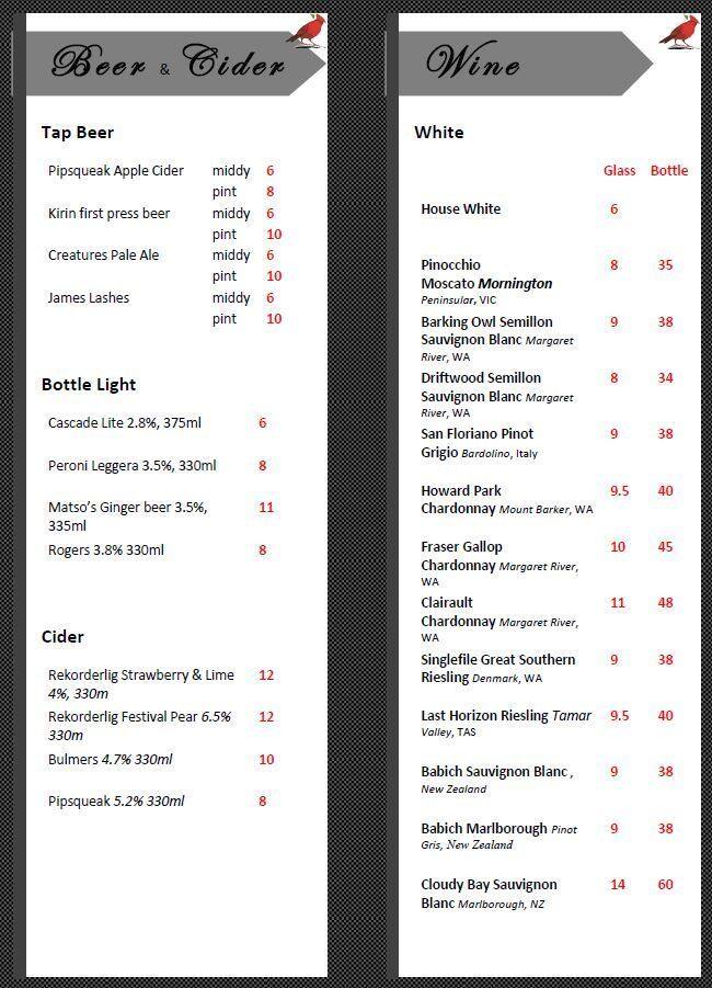 The Painted Bird Bar Kitchen Menu