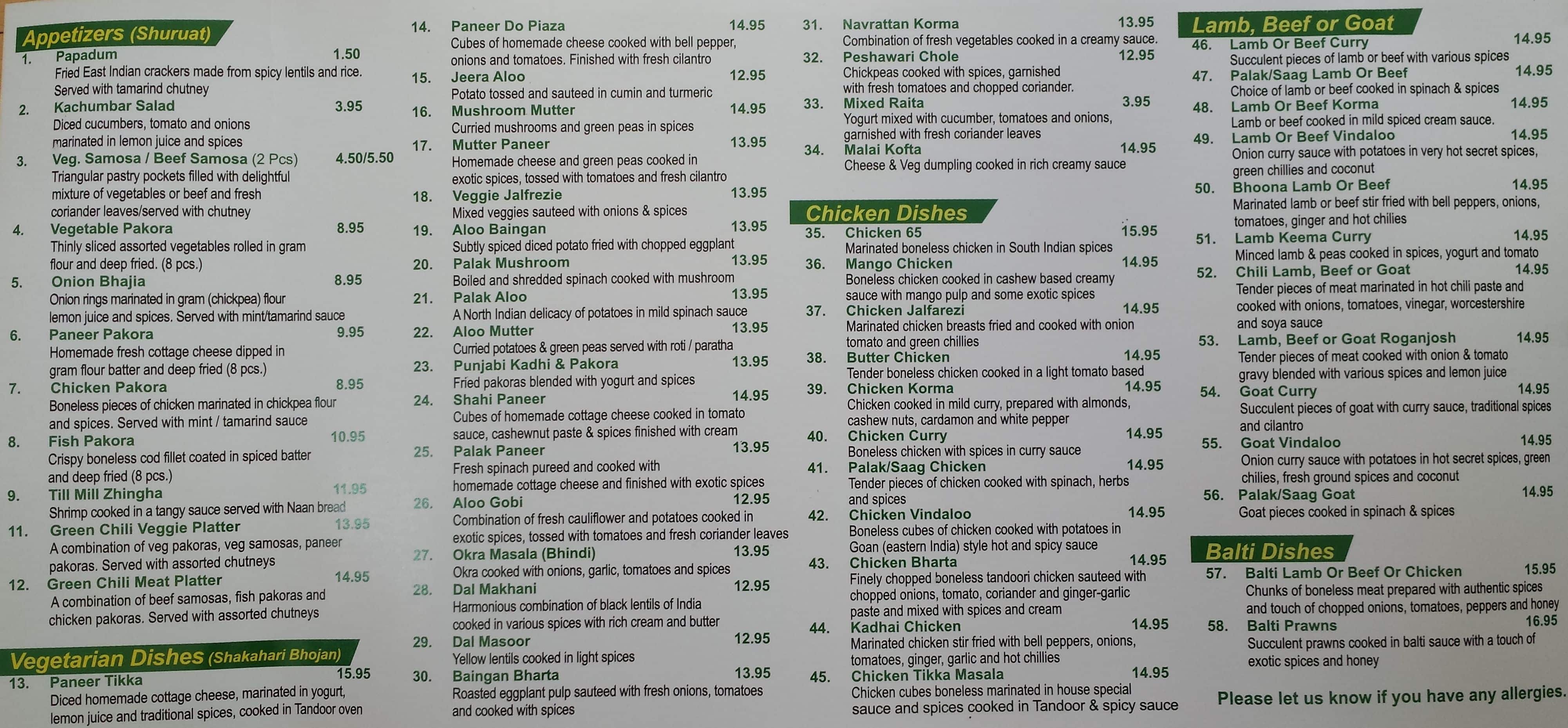 Menu at Green Chili restaurant, Calgary, 101 150 Crowfoot Crescent NW