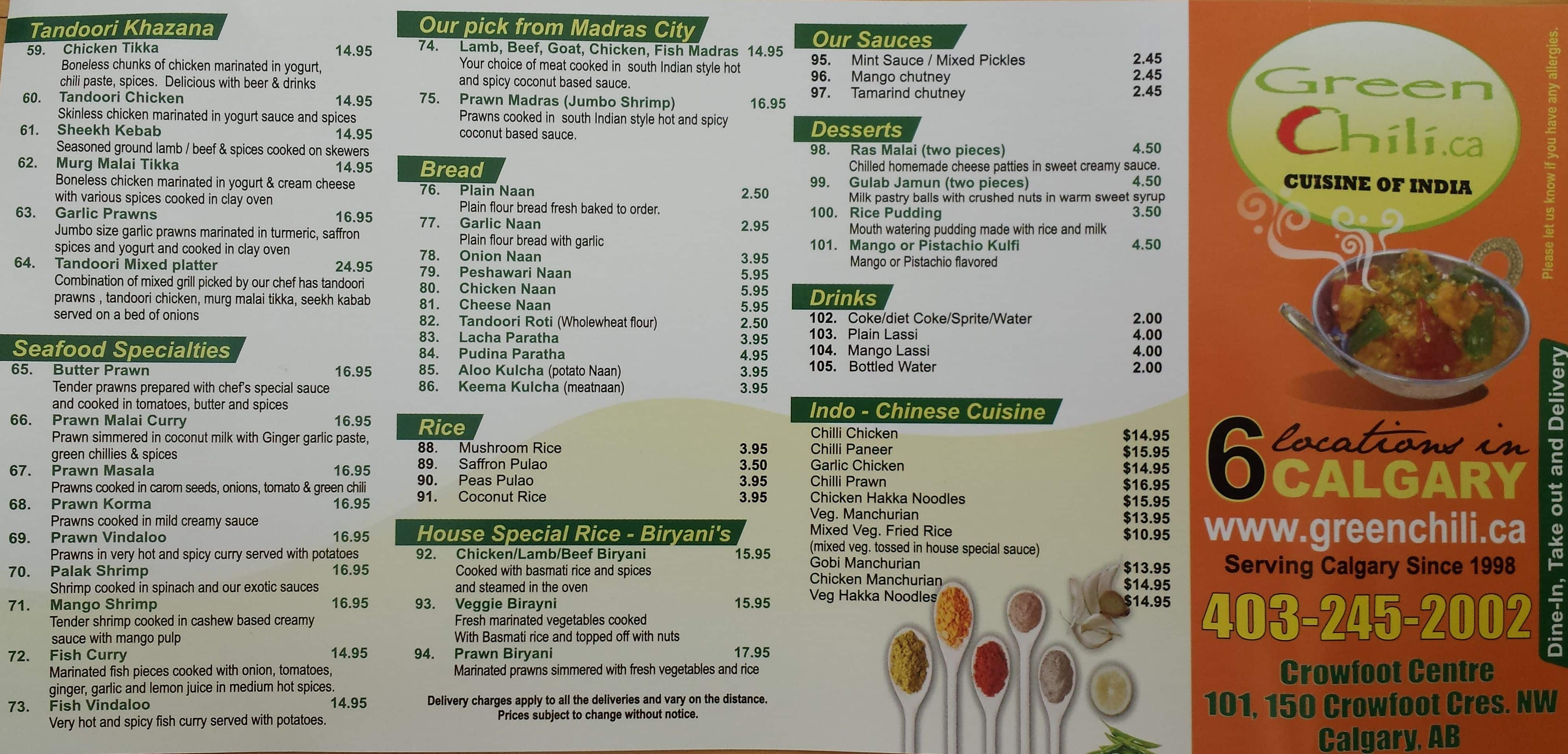 Menu at Green Chili restaurant, Calgary, 150 Crowfoot Crescent NW 101