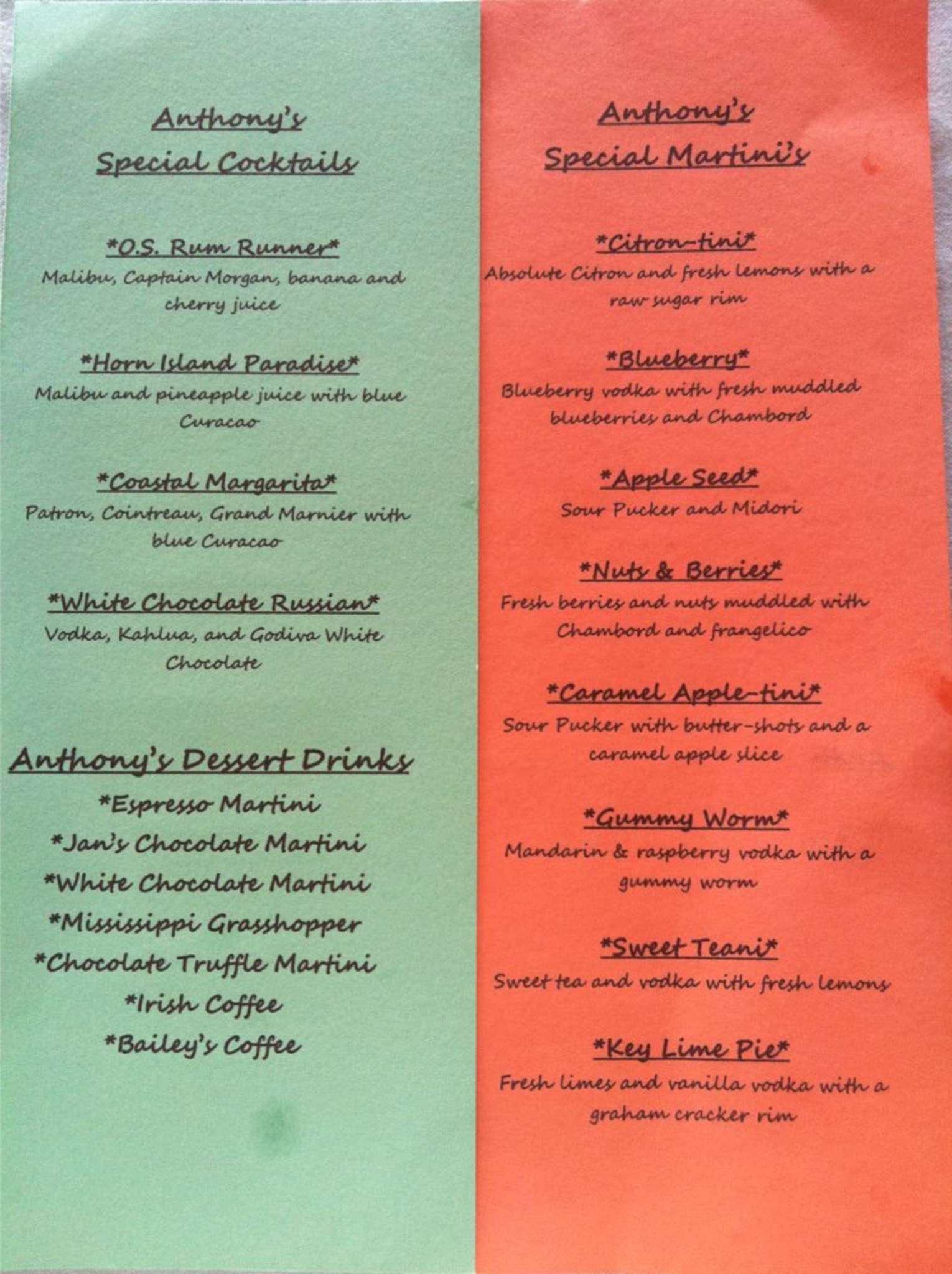 Menu at Anthony's Steak & Seafood steakhouse, Ocean Springs