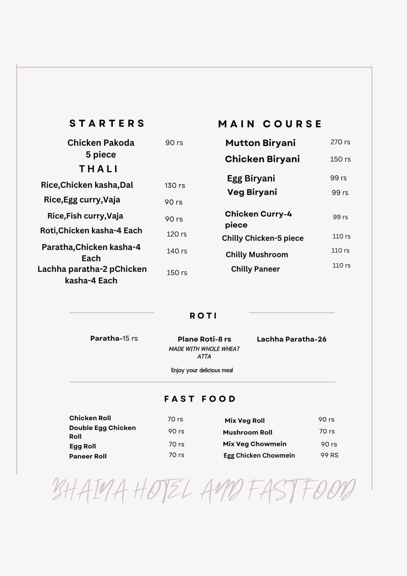 Menu of Bhaina Hotel And Fast Food, Ashok Nagar, Bhubaneshwar