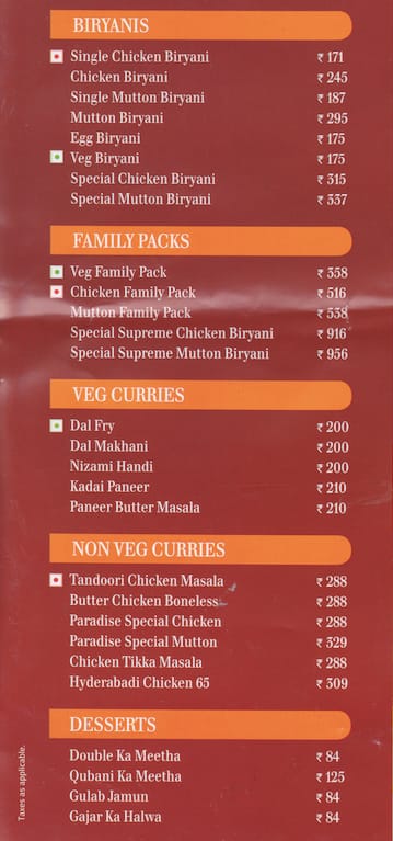 Paradise Menu, Menu for Paradise, Indiranagar, Bangalore - Zomato