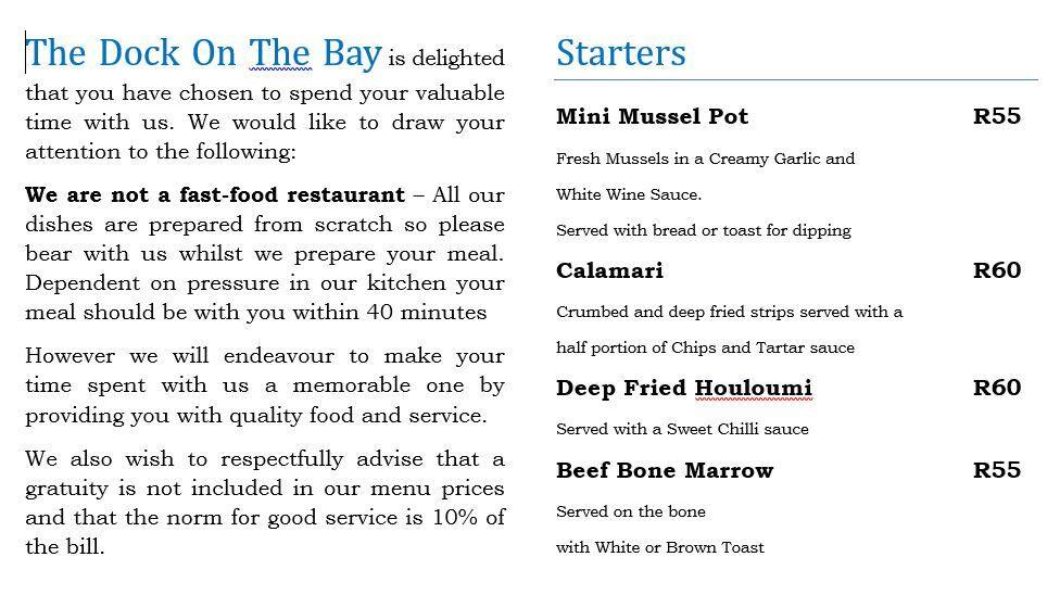 dock of the bay menu