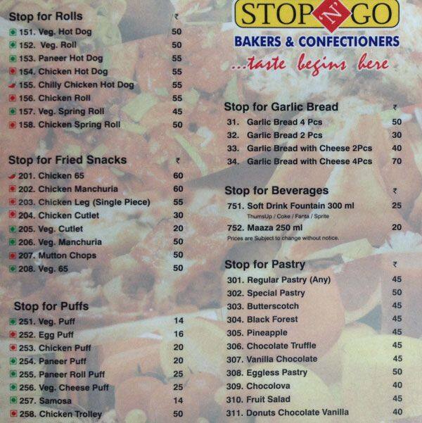 Stop n Go Bakers Menu, Menu for Stop n Go Bakers, S R Nagar, Hyderabad
