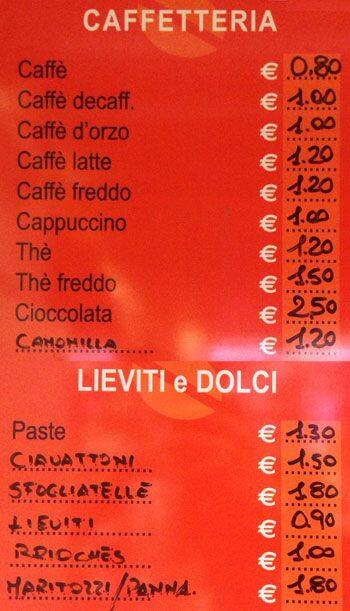 Menu di Caffetteria Bar Lupa 