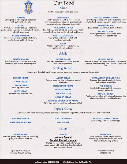 Ephesus Menu, Menu for Ephesus, West Seattle, Seattle - Urbanspoon/Zomato