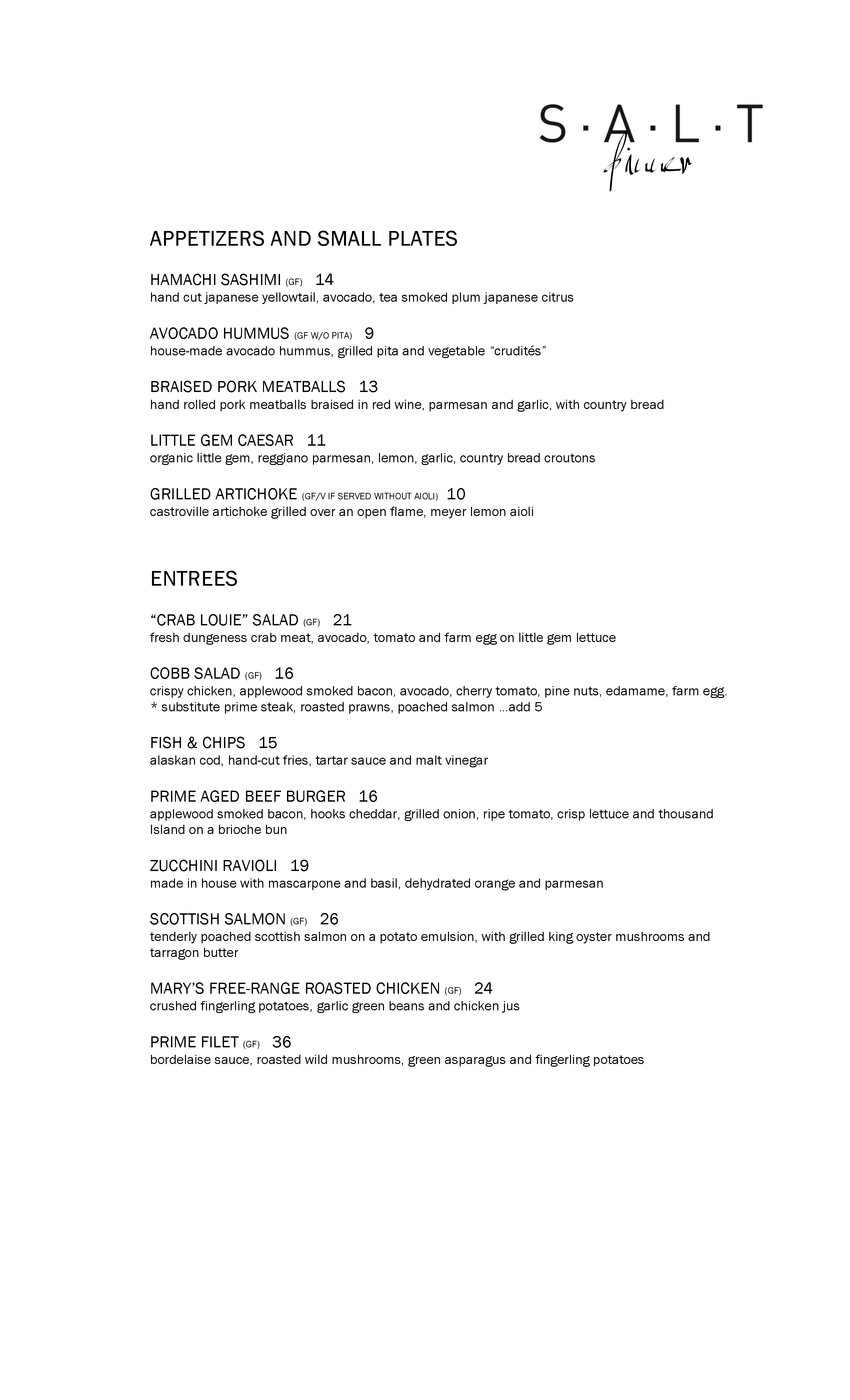 Menu at SALT Restaurant & Bar, Marina del Rey