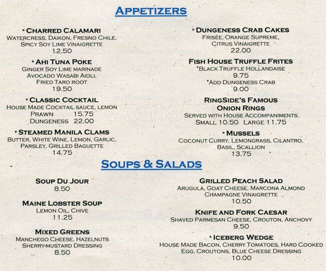 Ringside Fish House Menu, Menu for Ringside Fish House, Downtown