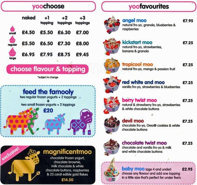 Yoomoo Frozen Yoghurt Menu, Menu for Yoomoo Frozen Yoghurt, Finchley