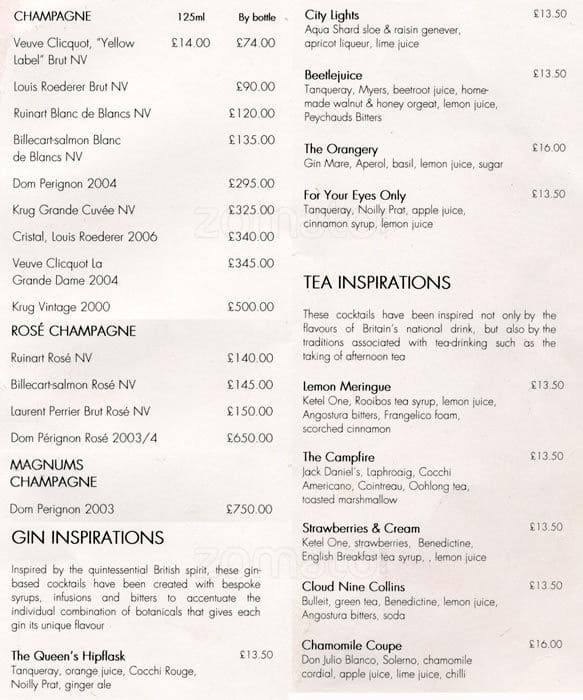 Menu at Atrium Bar, London, Aqua Shard