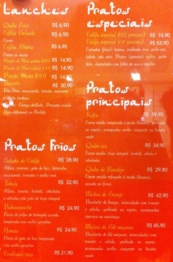 CALIFA cardápio