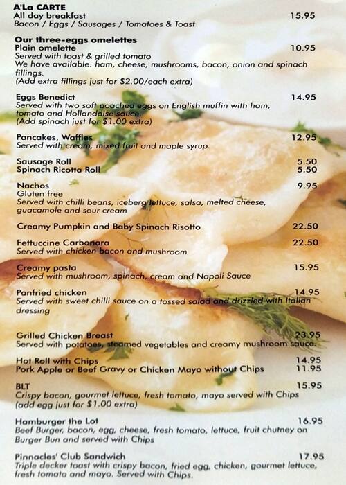 Carta de Pinnacles Restaurant
