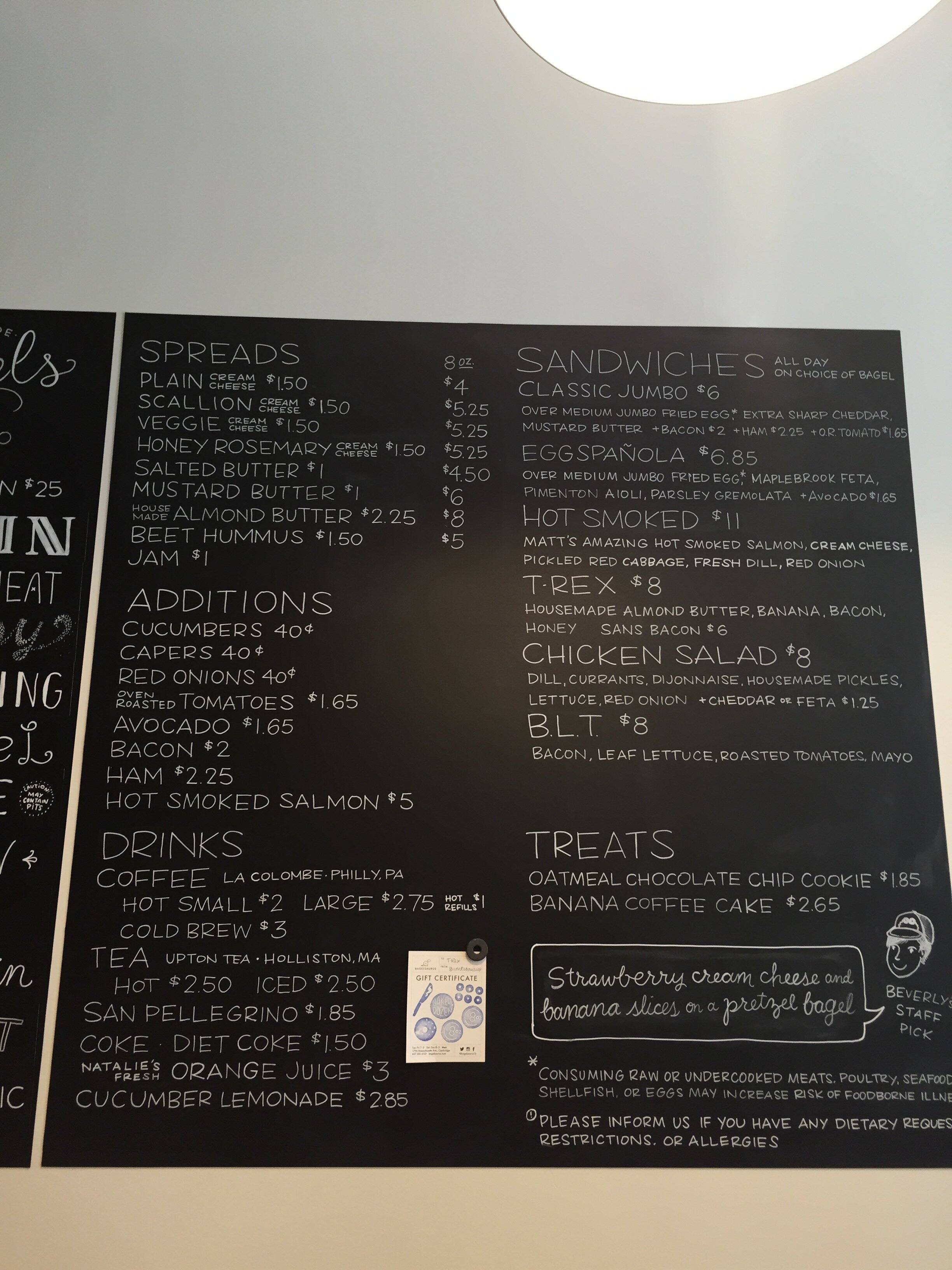 Bagelsaurus Menu, Menu for Bagelsaurus, Porter Square, Boston