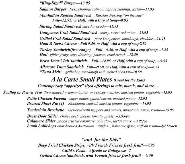 Menu at Brass Door steakhouse, San Ramon