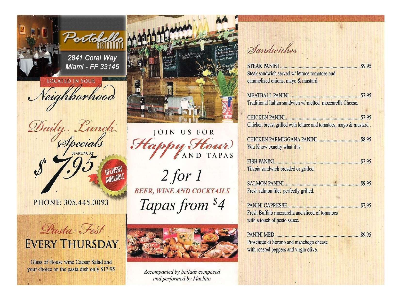 Menu at Portobello Ristorante restaurant, Coral Gables, 2841 Coral Way