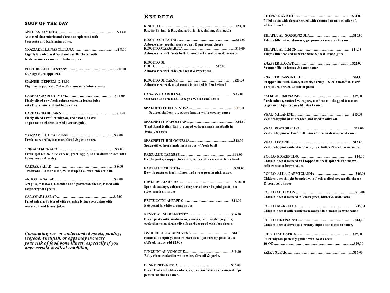 Menu at Portobello Ristorante restaurant, Coral Gables, 2841 Coral Way