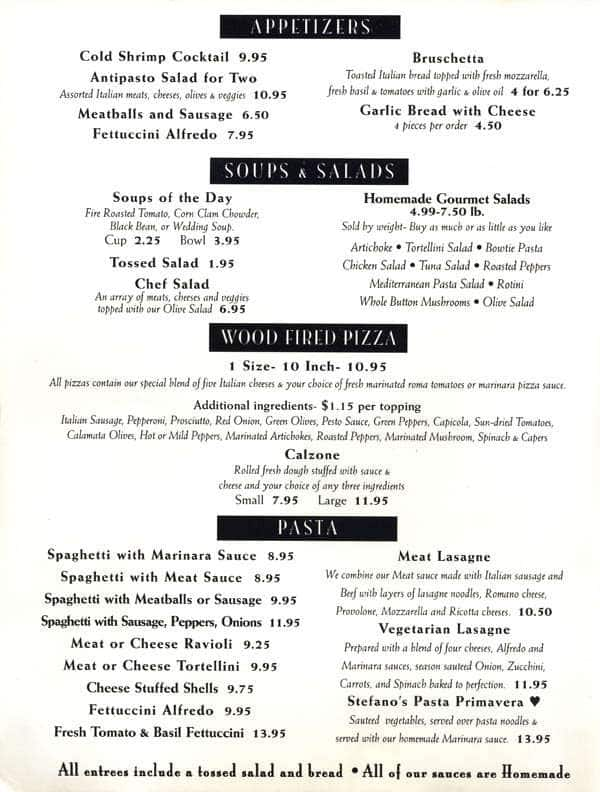 Stefano S Italian Cafe Menu Menu For Stefano S Italian Cafe