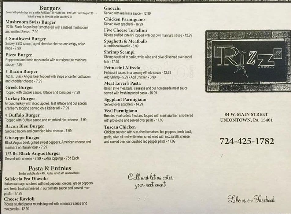 Menu at Rizz's pub & bar, Uniontown