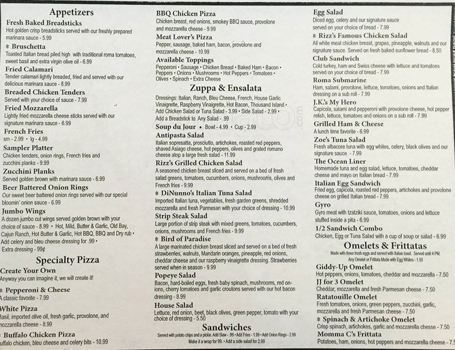 Menu at Rizz's pub & bar, Uniontown