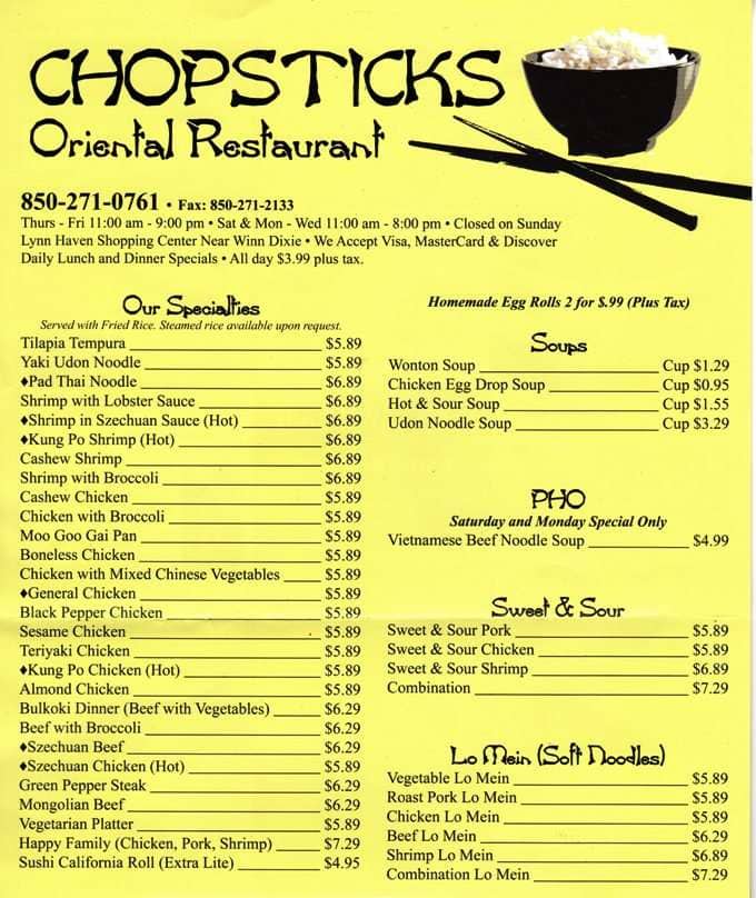 chopsticks diner menu
