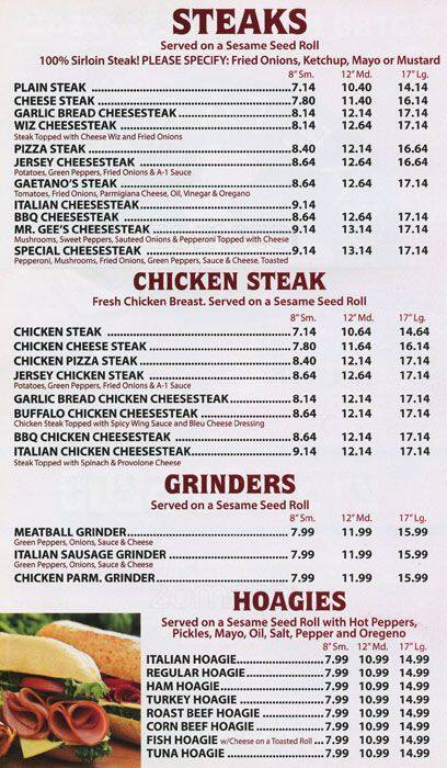 Gaetano's Steaks Menu, Menu for Gaetano 