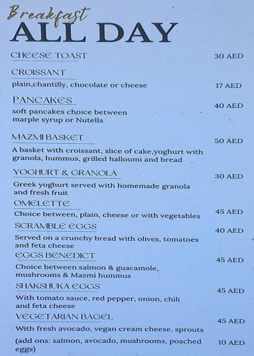 Menu of Mazmi Coffee & More, Meena Bazaar, Dubai