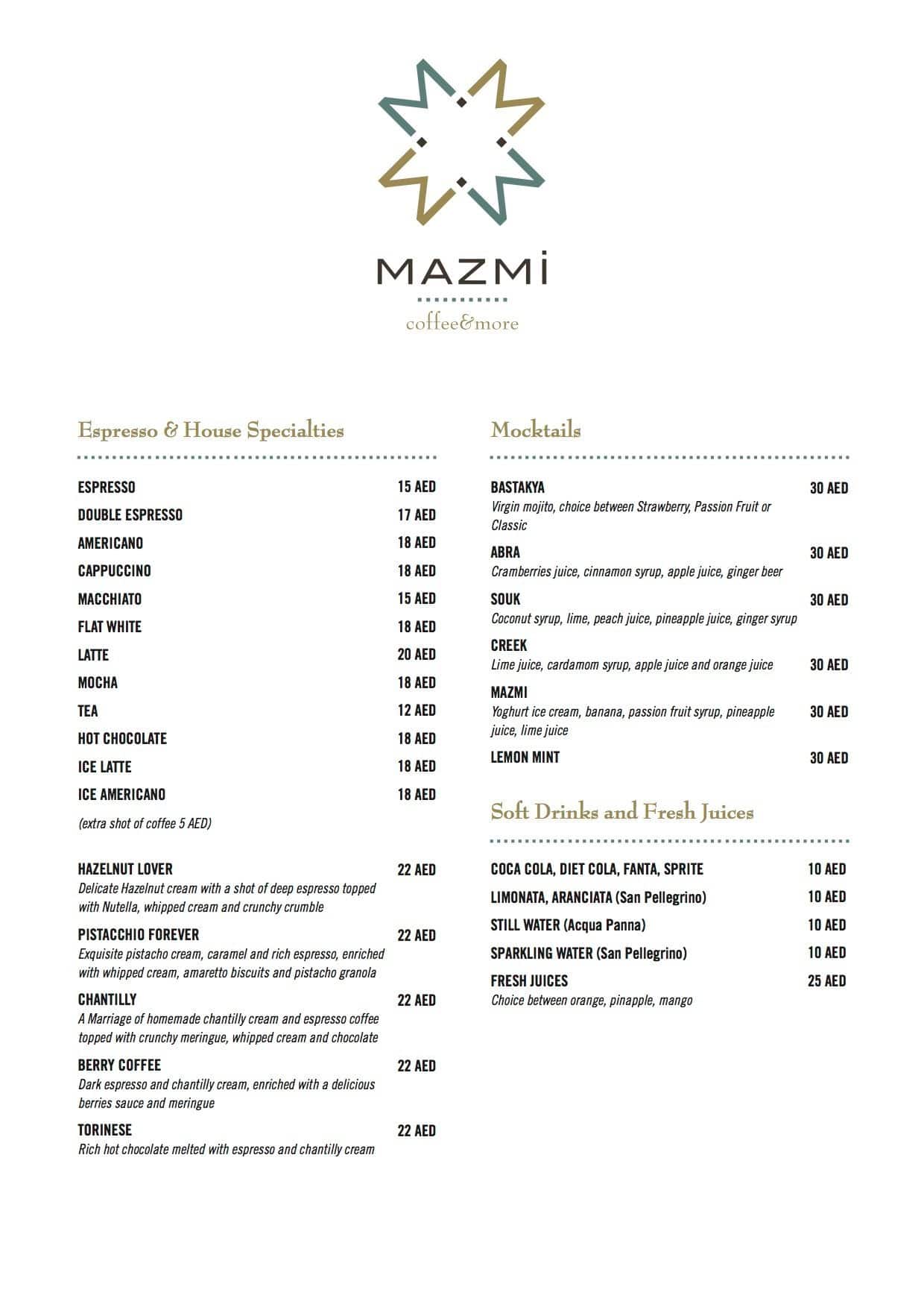 Mazmi Coffee & More Menu, Menu for Mazmi Coffee & More, Meena Bazaar