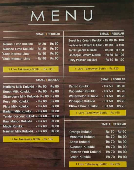 Menu of Kulukki Sarbath, Peelamedu, Coimbatore