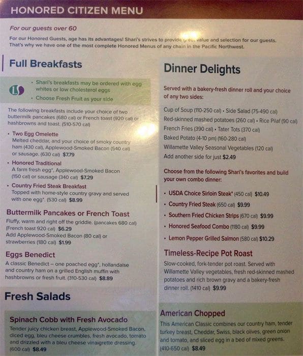 Menu at Shari's Cafe and Pies, Rohnert Park