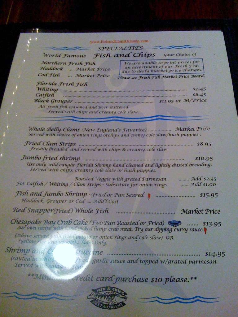 Menu at Adrian's Fish & Chips Restaurant, Apopka, 526 S Hunt Club Blvd