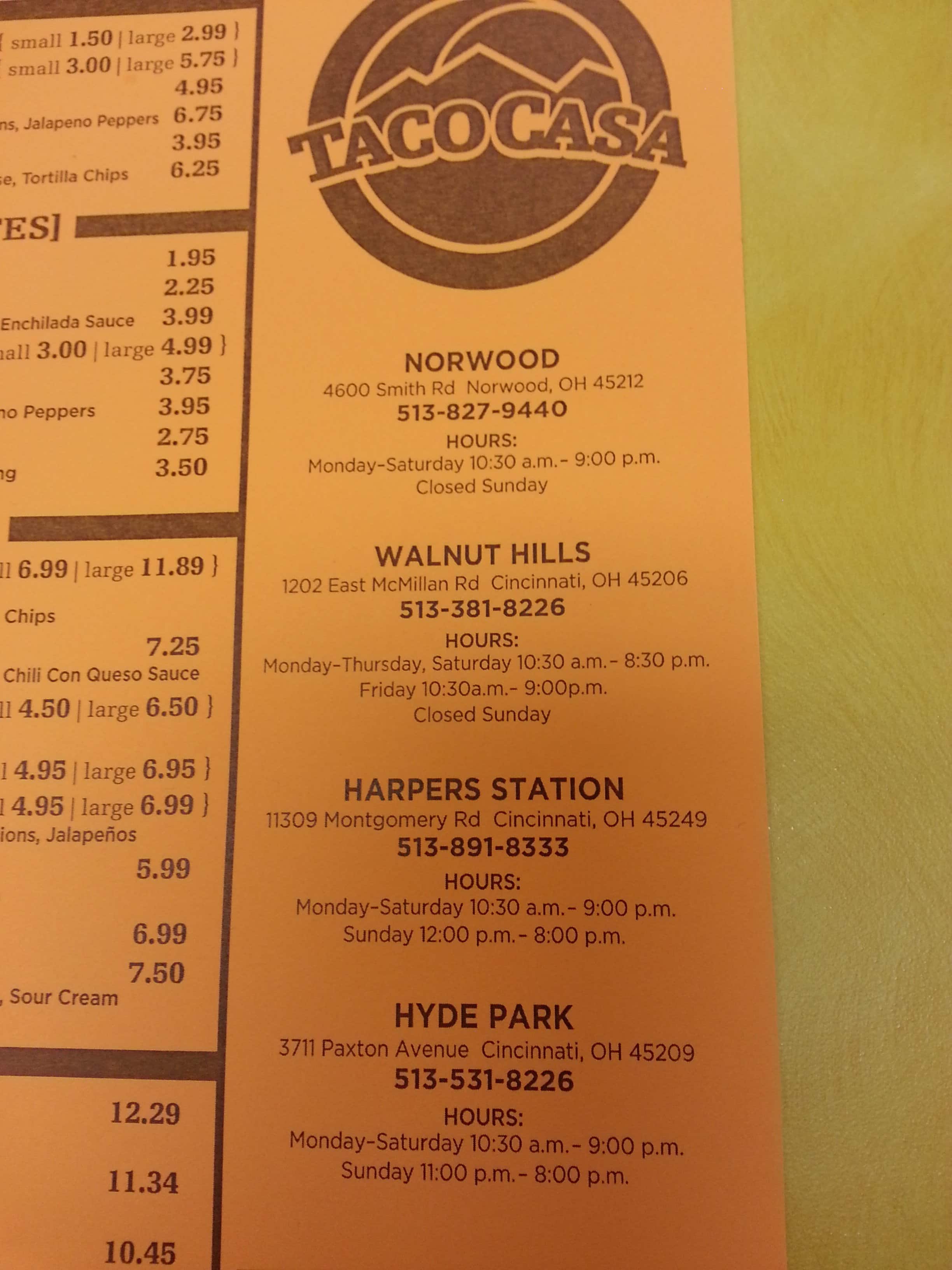 Menu at Taco Casa restaurant, Norwood, Smith Rd
