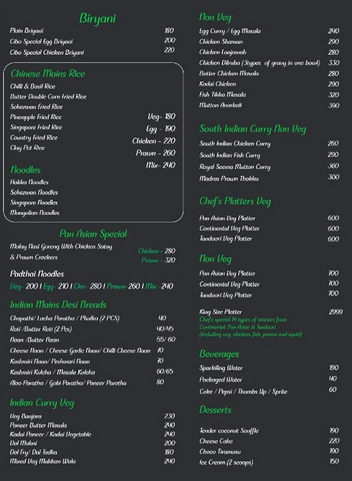 Cibo Fine Dining Redefined Menu