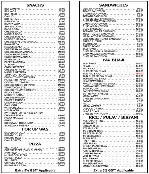 sarovar hotel andheri east menu