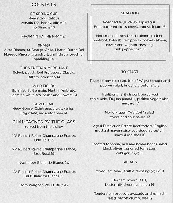 Menu at Berners Tavern pub & bar, London, 10 Berners St