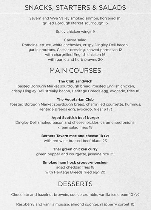 Menu at Berners Tavern pub & bar, London, 10 Berners St