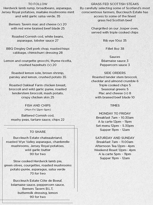 Menu at Berners Tavern pub & bar, London, 10 Berners St