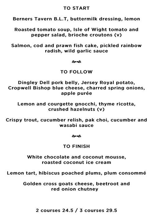 Menu at Berners Tavern pub & bar, London, 10 Berners St