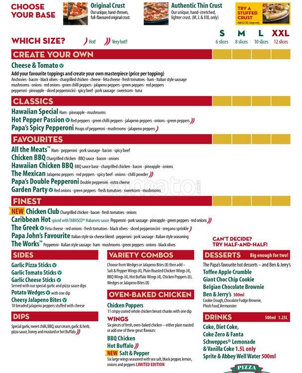 Papa John's Menu, Menu for Papa John's, King's Heath, Birmingham