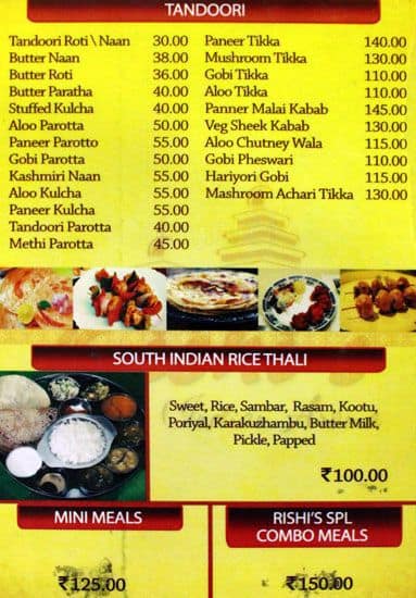 Rishis Restaurant menu