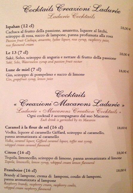 Menu di Ladurée Roma 