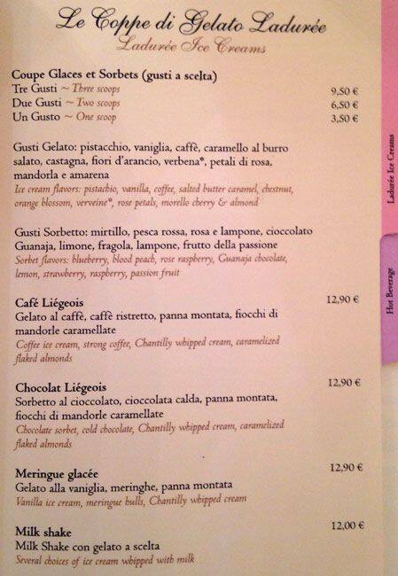 Menu di Ladurée Roma 