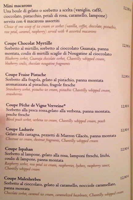 Menu di Ladurée Roma 
