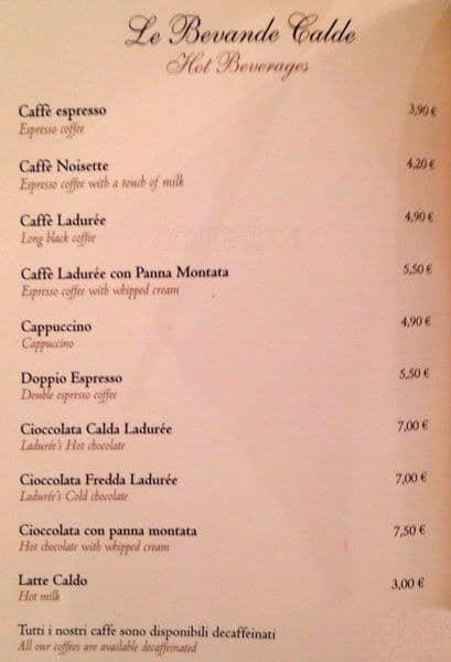 Menu di Ladurée Roma 